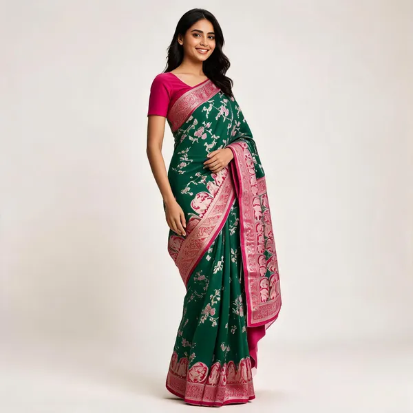 Green_Banarsi_Silk_Woven_Floral_Saree_For_Women