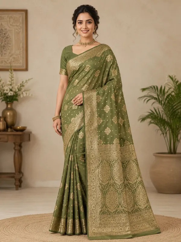 Olive_Green_Soft_Silk_Woven_Floral_Saree_For_Women