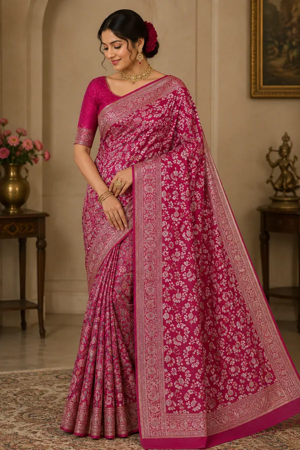Pink_Banarsi_Silk_Woven_Floral_Saree_For_Women