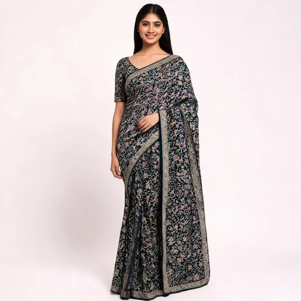 Navy_Georgette_Woven_Floral_Pattern_Saree_For_Women