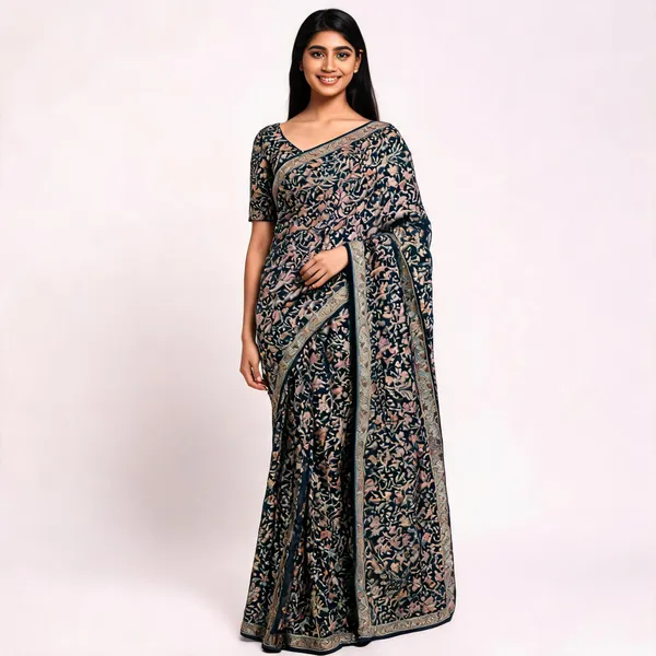 Navy_Georgette_Woven_Floral_Pattern_Saree_For_Women