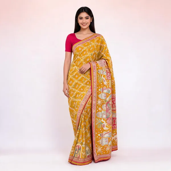 Mustard_Brasso_Floral_Lattice_Printed_Saree_For_Women