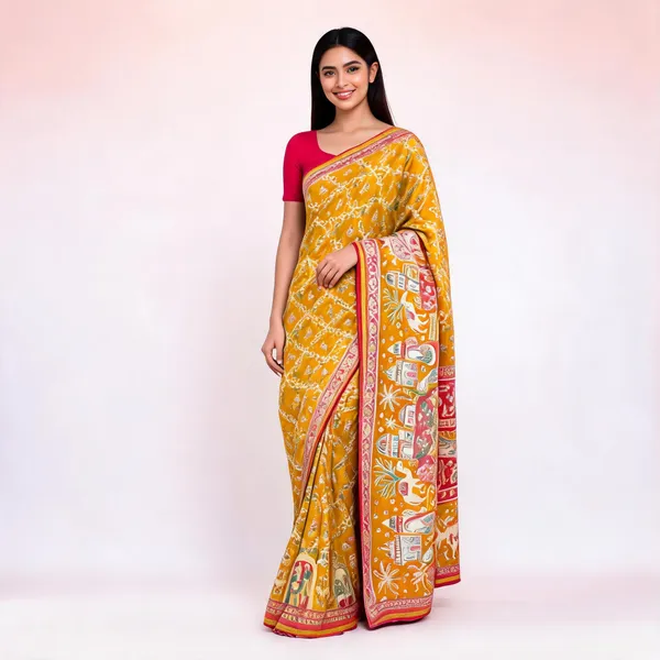 Mustard_Brasso_Floral_Lattice_Printed_Saree_For_Women