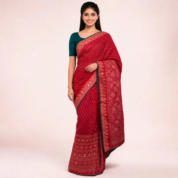 Red_Cotton_Silk_Embellished_Floral_Saree_For_Women
