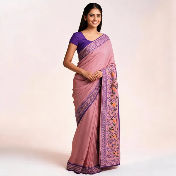 Pink_Soft_Cotton_Embroidered_Floral_Border_Saree_For_Women