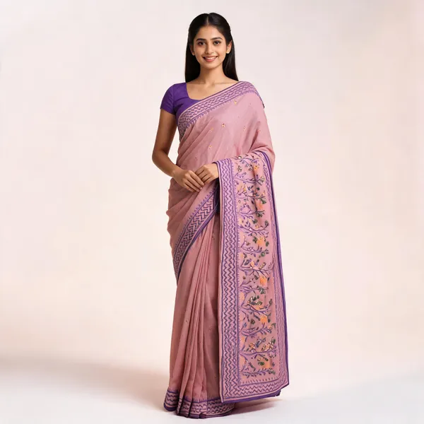 Pink_Soft_Cotton_Embroidered_Floral_Border_Saree_For_Women