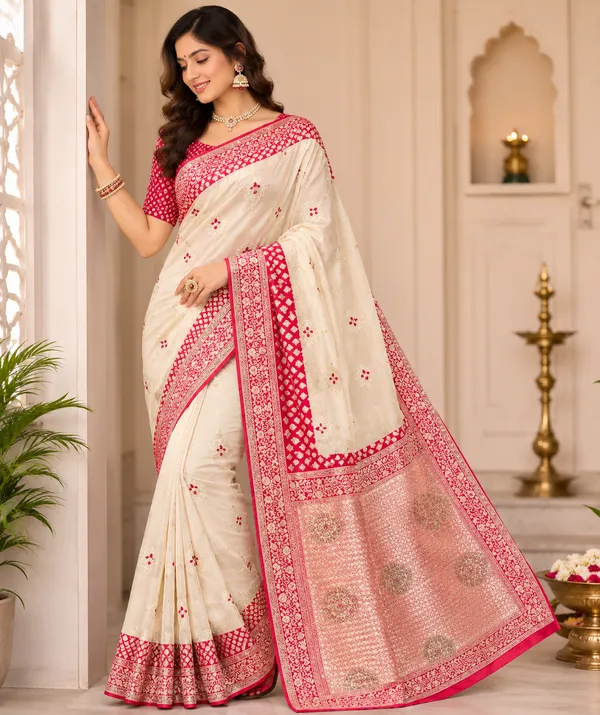Pink_And_White_Banarasi_Silk_Brocade_Embellished_Saree_For_Women