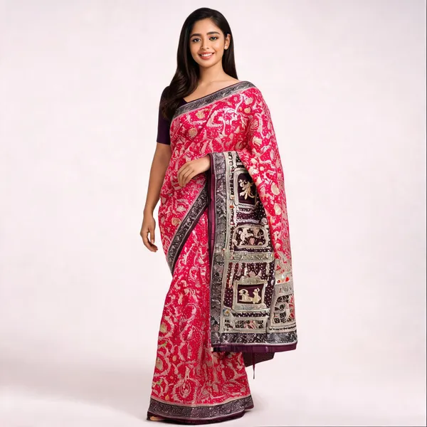 Red_Banarsi_Silk_Paisley_Printed_Saree_For_Women