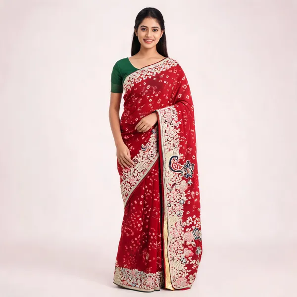 Red_Georgette_Bandhani_Embroidered_Saree_For_Women