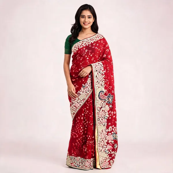 Red_Georgette_Bandhani_Embroidered_Saree_For_Women