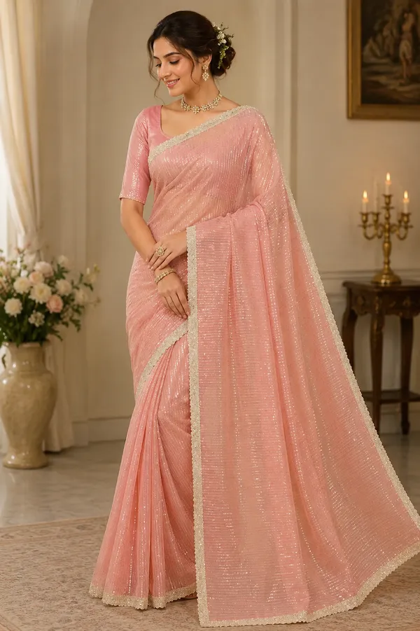Pink_Metallic_Stripe_Saree_For_Women