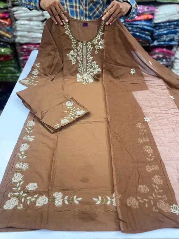 Coffee_Brown_Cotton_Straight_Embroidered_Kurta_Pant_Dupatta_Set_For_Women