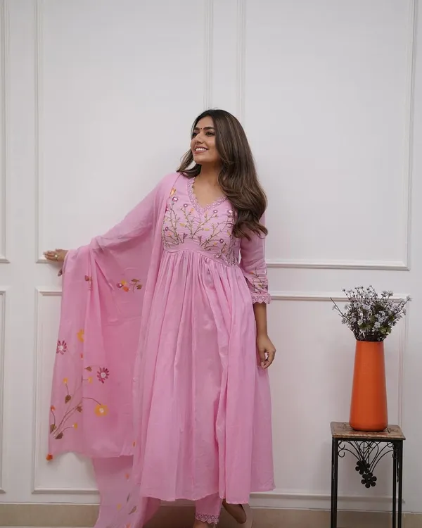 Baby_Pink_Cotton_Flared_Anarkali_Embroidered_Kurta_Pant_Dupatta_Set_For_Women