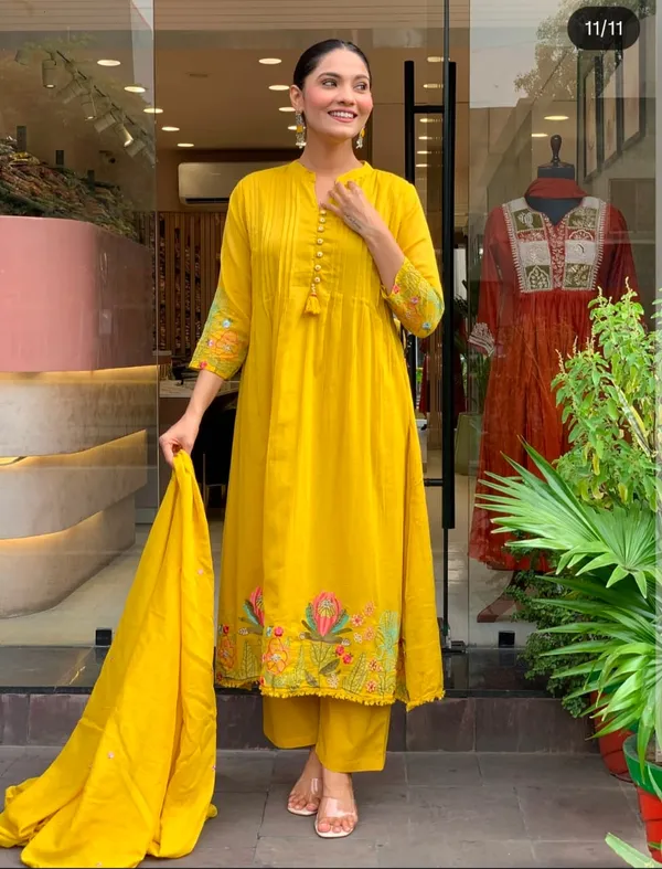 Yellow_Cotton_Flared_Anarkali_Kurta_Pant_Dupatta_Set_For_Women