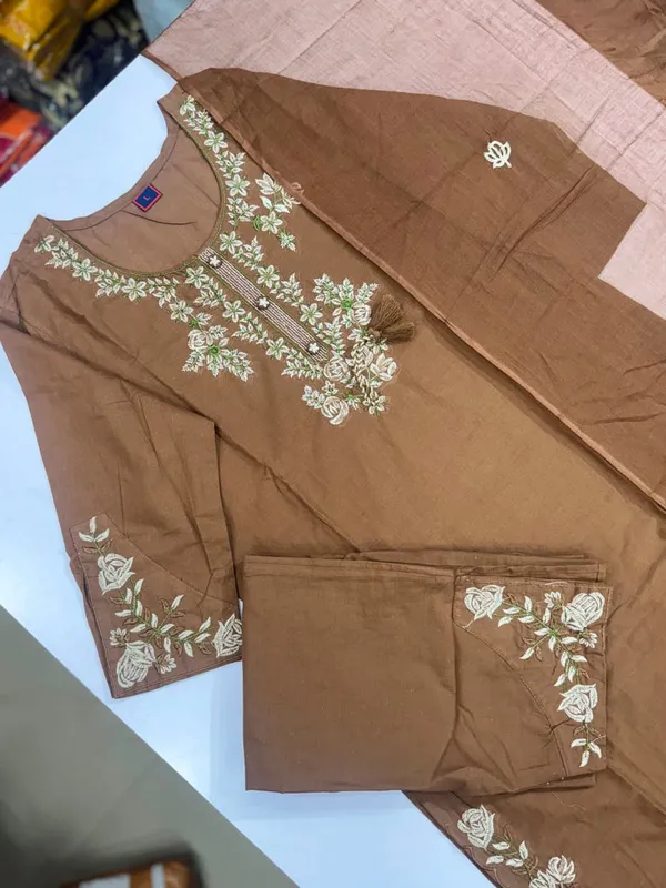 Coffee_Brown_Cotton_Straight_Embroidered_Kurta_Pant_Dupatta_Set_For_Women
