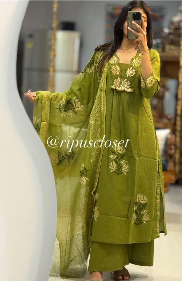 Olive_Green_Cotton_Straight_Floral_Kurta_Salwar_Dupatta_Set_For_Women