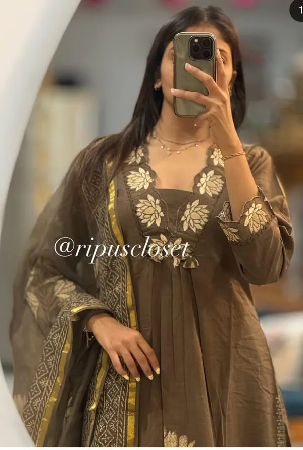 Coffee_Brown_Cotton_Flared_Anarkali_Kurta_Pant_Dupatta_Set_For_Women