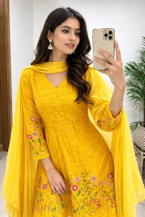 Yellow_Cotton_Flared_Anarkali_Embroidered_Kurta_Pant_Dupatta_Set_For_Women