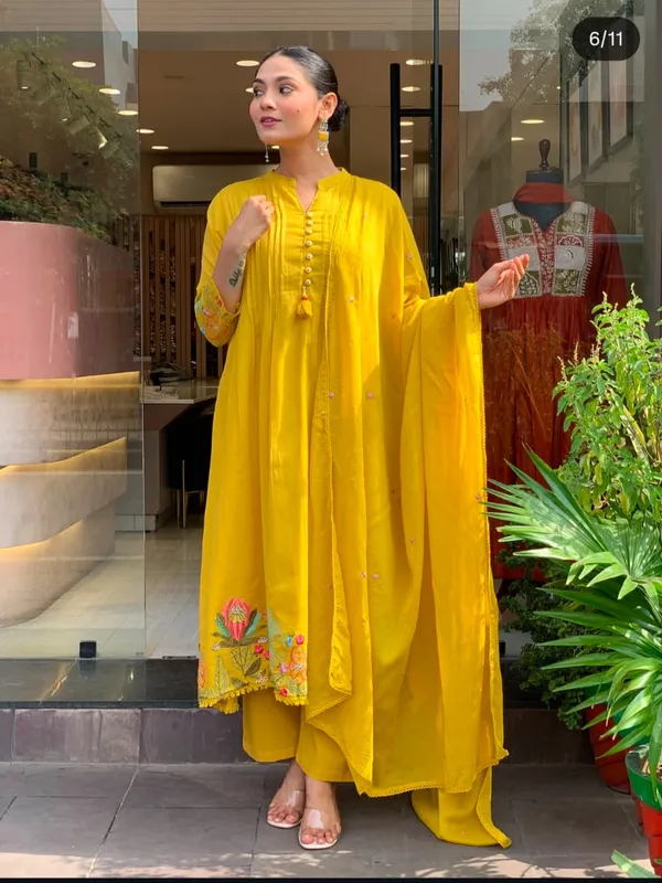 Yellow_Cotton_Flared_Anarkali_Kurta_Pant_Dupatta_Set_For_Women