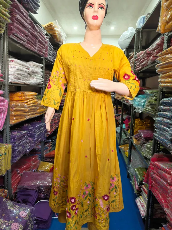 Yellow_Cotton_Flared_Anarkali_Embroidered_Kurta_Pant_Dupatta_Set_For_Women