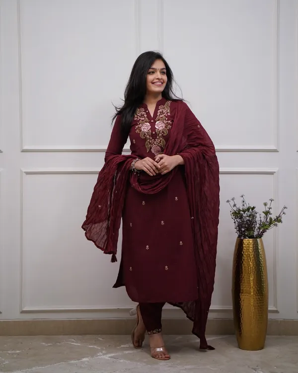 Maroon_Cotton_Embroidered_Kurta_Pant_Dupatta_Set_For_Women