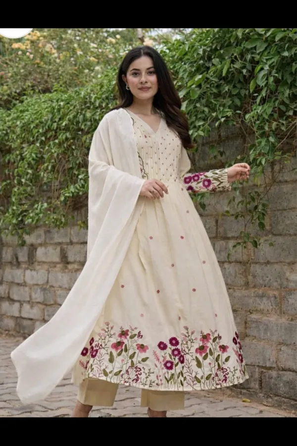 White_Cotton_Flared_Anarkali_Kurta_Pant_Dupatta_Set_For_Women