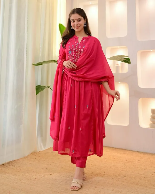 Rani_Pink_Cotton_Flared_Anarkali_Embroidered_Kurta_Pant_Dupatta_Set_For_Women
