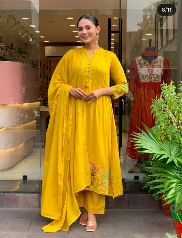 Yellow_Cotton_Flared_Anarkali_Kurta_Pant_Dupatta_Set_For_Women