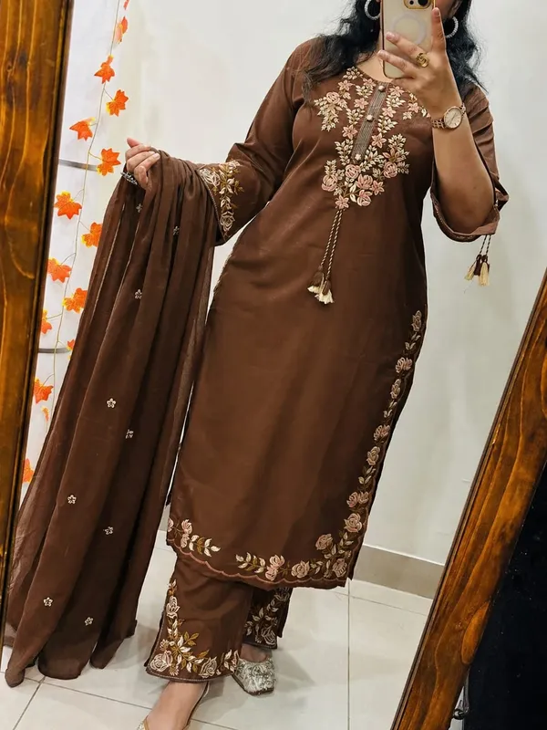 Coffee_Brown_Cotton_Straight_Embroidered_Kurta_Pant_Dupatta_Set_For_Women