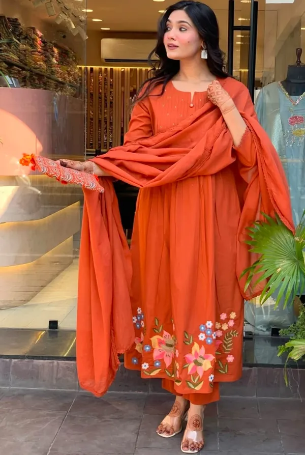 Orange_Cotton_Flared_Anarkali_Embroidered_Kurta_Pant_Dupatta_Set_For_Women