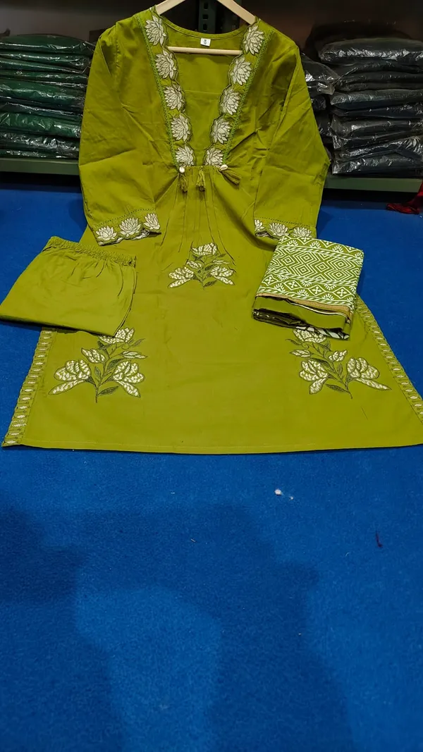 Olive_Green_Cotton_Straight_Floral_Kurta_Salwar_Dupatta_Set_For_Women