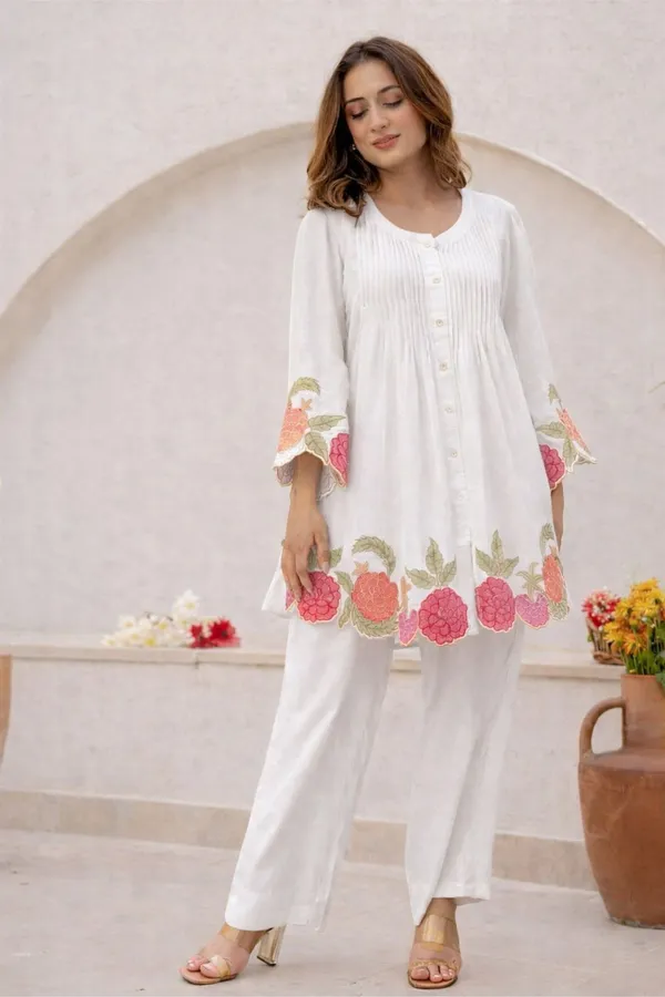 White_Cotton_Flared_Embroidered_Kurta_Pant_Set_For_Women