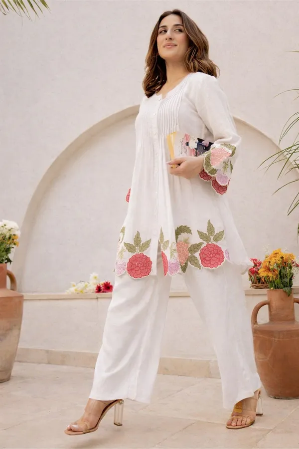 White_Cotton_Flared_Embroidered_Kurta_Pant_Set_For_Women