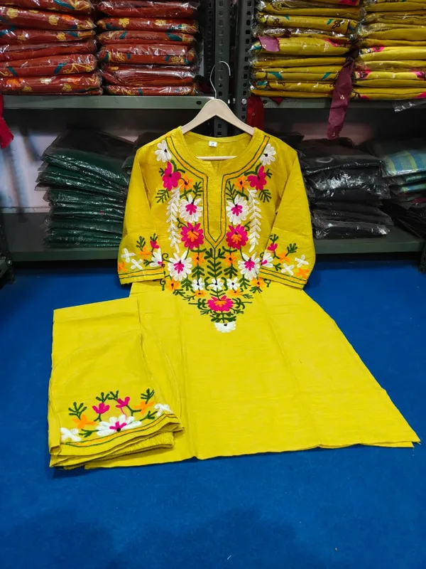 Yellow_Cotton_Straight_Floral_Embroidered_Kurta_Pant_Set_For_Women