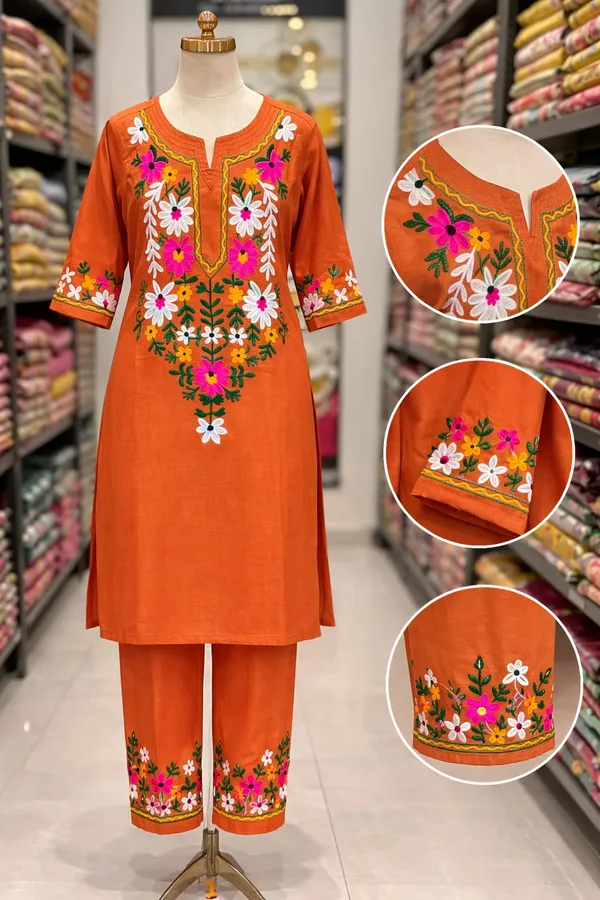 Orange_Cotton_Floral_Embroidered_Kurta_Pant_Set_For_Women