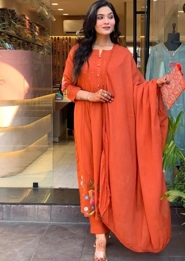 Orange_Cotton_Flared_Anarkali_Kurta_Pant_Dupatta_Set_For_Women