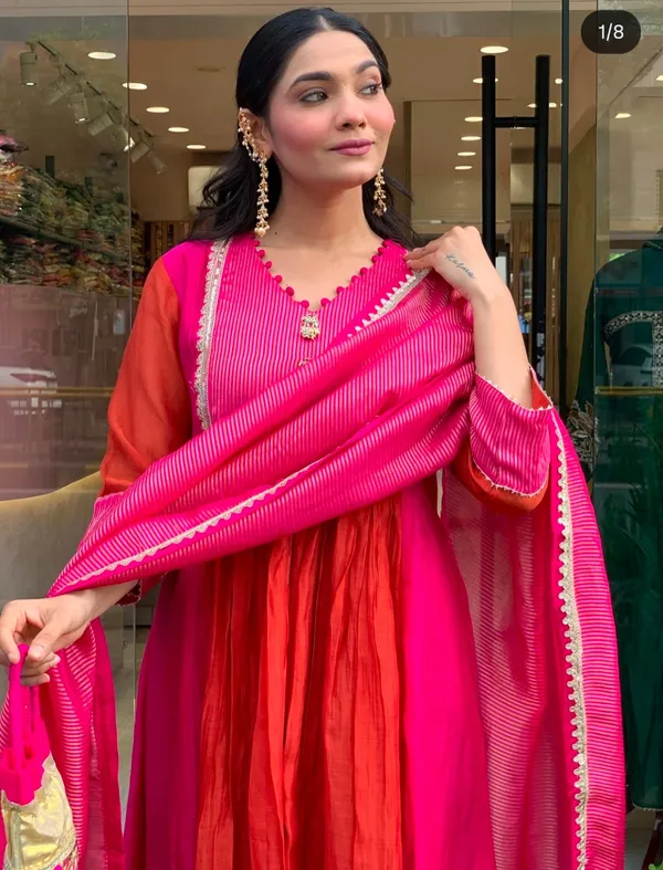 Rani_Pink_Cotton_Flared_Anarkali_Kurta_Pant_Dupatta_Set_For_Women