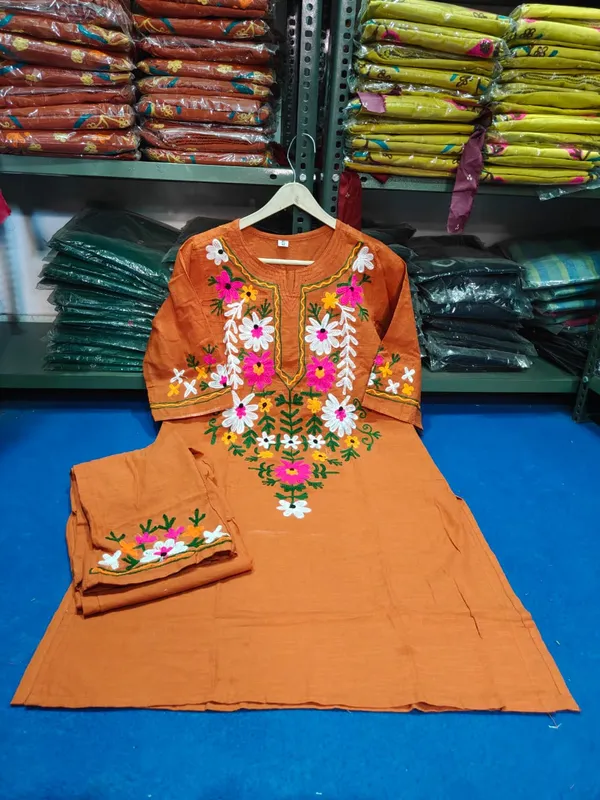 Orange_Cotton_Floral_Embroidered_Kurta_Pant_Set_For_Women
