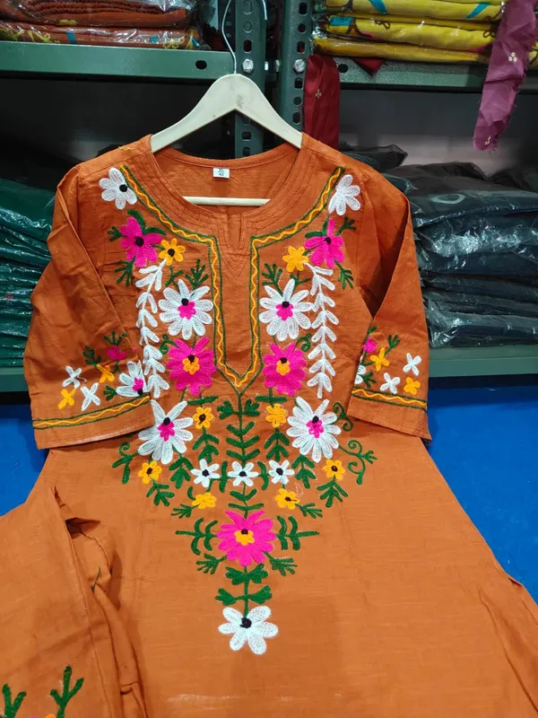 Orange_Cotton_Floral_Embroidered_Kurta_Pant_Set_For_Women