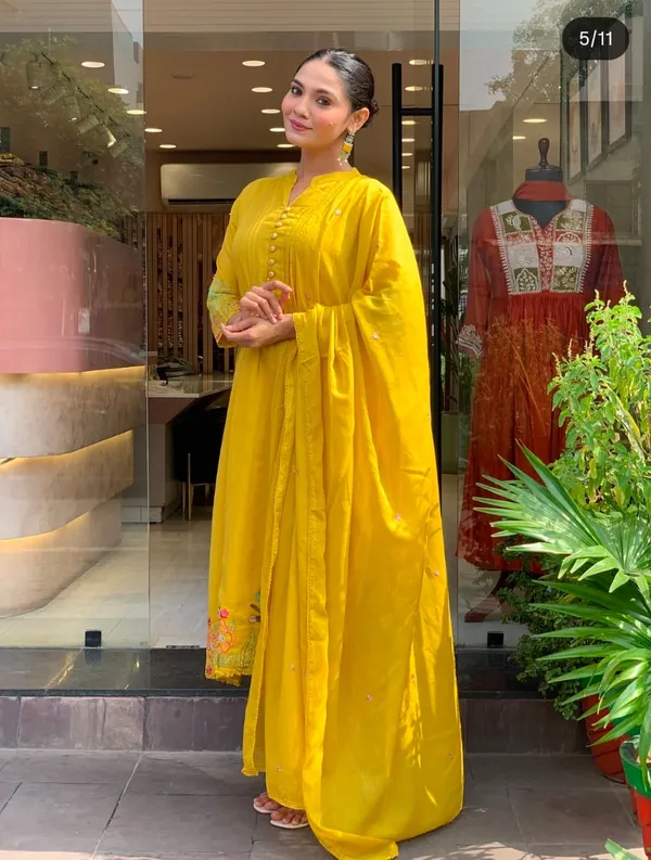 Yellow_Cotton_Flared_Anarkali_Kurta_Pant_Dupatta_Set_For_Women