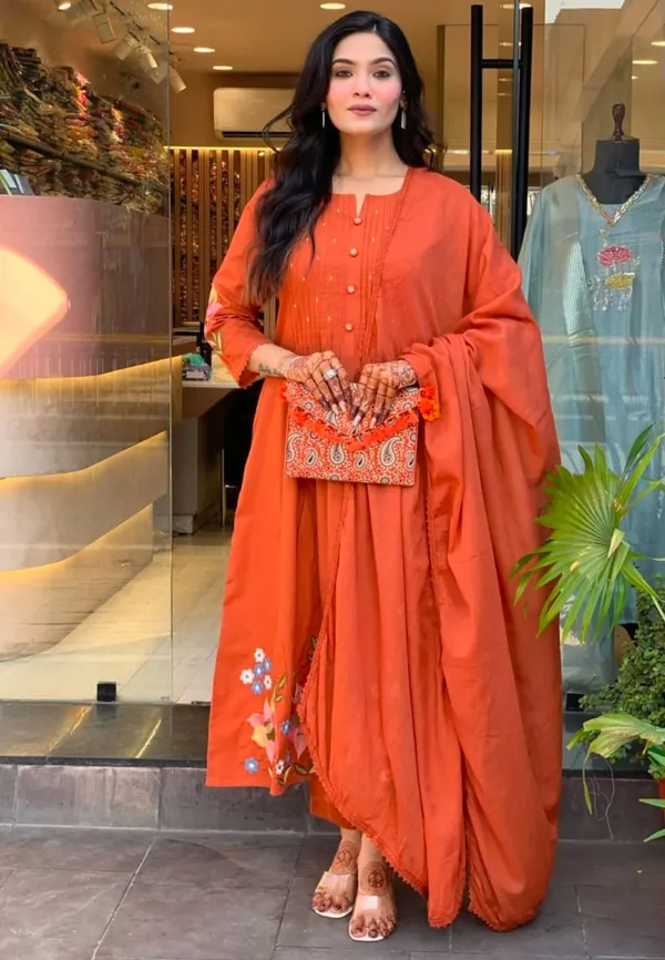 Orange_Cotton_Flared_Anarkali_Kurta_Pant_Dupatta_Set_For_Women