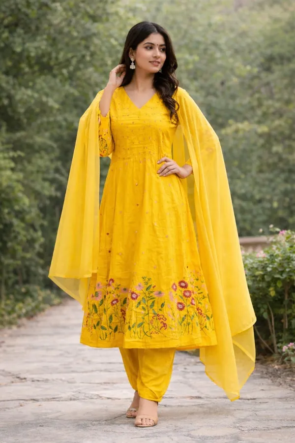 Yellow_Cotton_Flared_Anarkali_Embroidered_Kurta_Pant_Dupatta_Set_For_Women