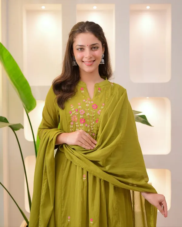 Olive_Cotton_Anarkali_Embroidered_Kurta_Pant_Dupatta_Set_For_Women