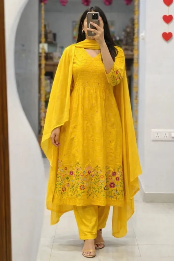 Yellow_Cotton_Flared_Anarkali_Embroidered_Kurta_Pant_Dupatta_Set_For_Women