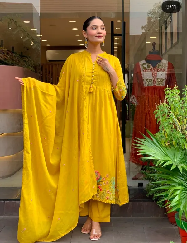Yellow_Cotton_Flared_Anarkali_Kurta_Pant_Dupatta_Set_For_Women