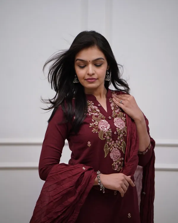 Maroon_Cotton_Embroidered_Kurta_Pant_Dupatta_Set_For_Women