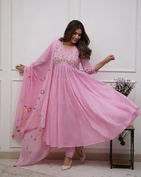 Baby_Pink_Cotton_Flared_Anarkali_Embroidered_Kurta_Pant_Dupatta_Set_For_Women