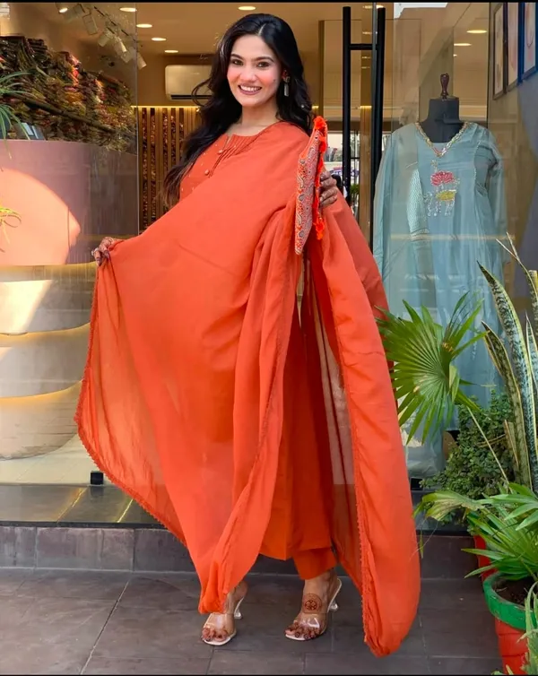 Orange_Cotton_Flared_Anarkali_Embroidered_Kurta_Pant_Dupatta_Set_For_Women