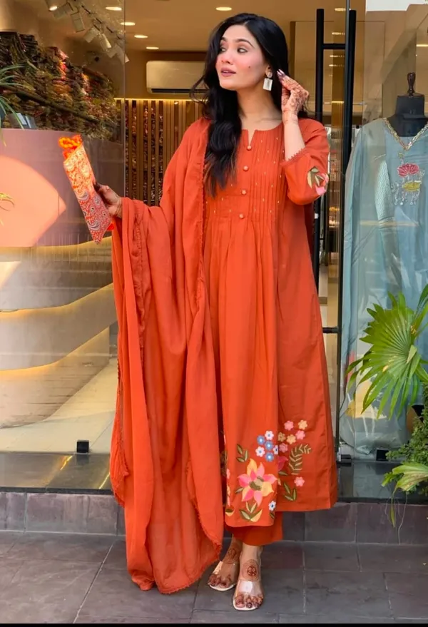 Orange_Cotton_Flared_Anarkali_Embroidered_Kurta_Pant_Dupatta_Set_For_Women