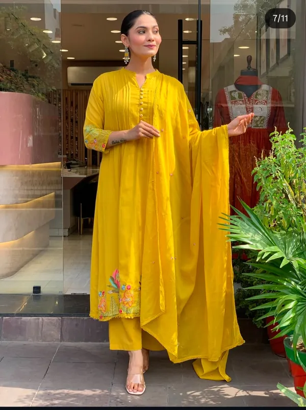 Yellow_Cotton_Flared_Anarkali_Kurta_Pant_Dupatta_Set_For_Women